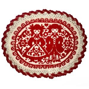 VTG Austrian Floral Man Woman Doily Folk Art German Red White Crochet Trim 6x5”